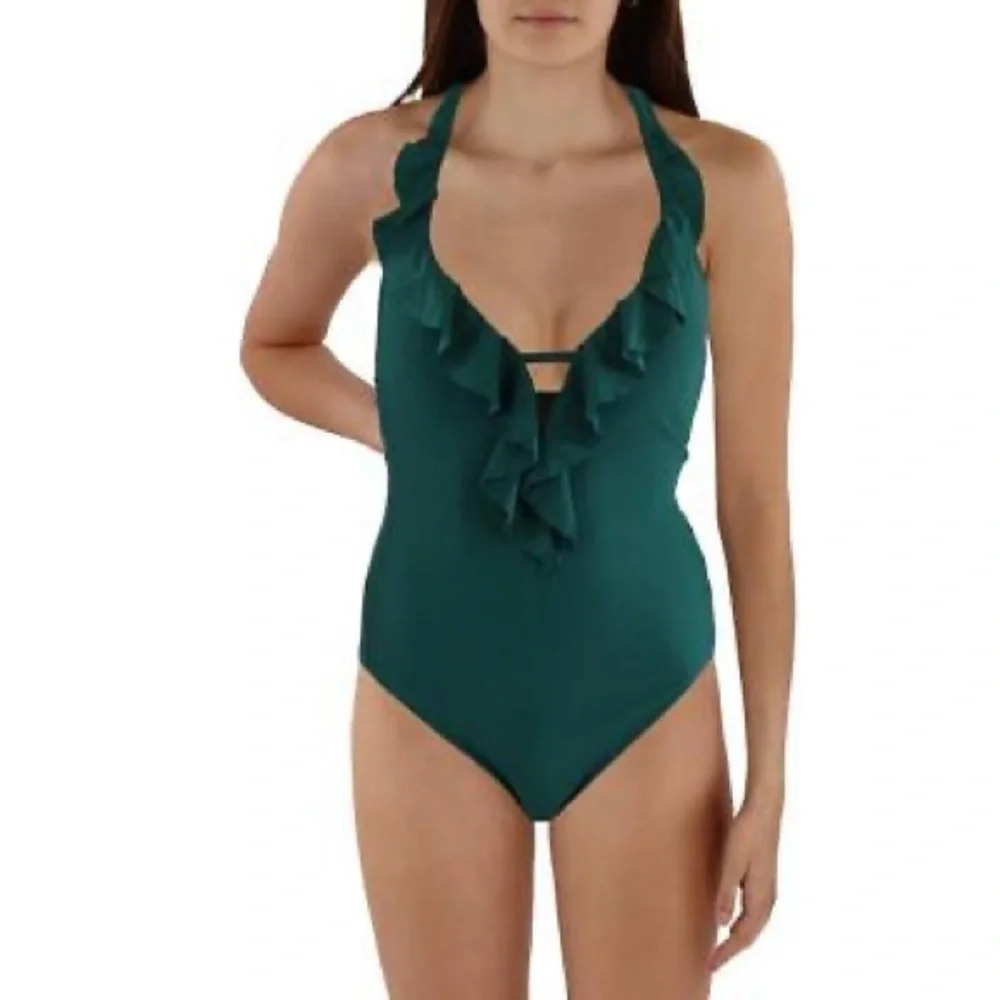 Bleu Rod Beattie size 10 Dark Green Ruffle Halter One Piece Swimsuit Swim